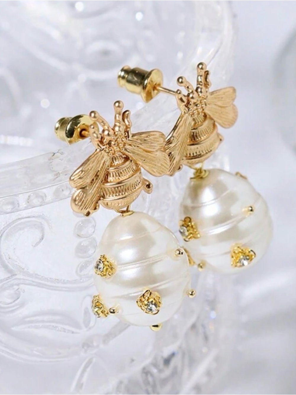 Gold Bee Pearl Drop Earrings - Elegant Women's Jewelry